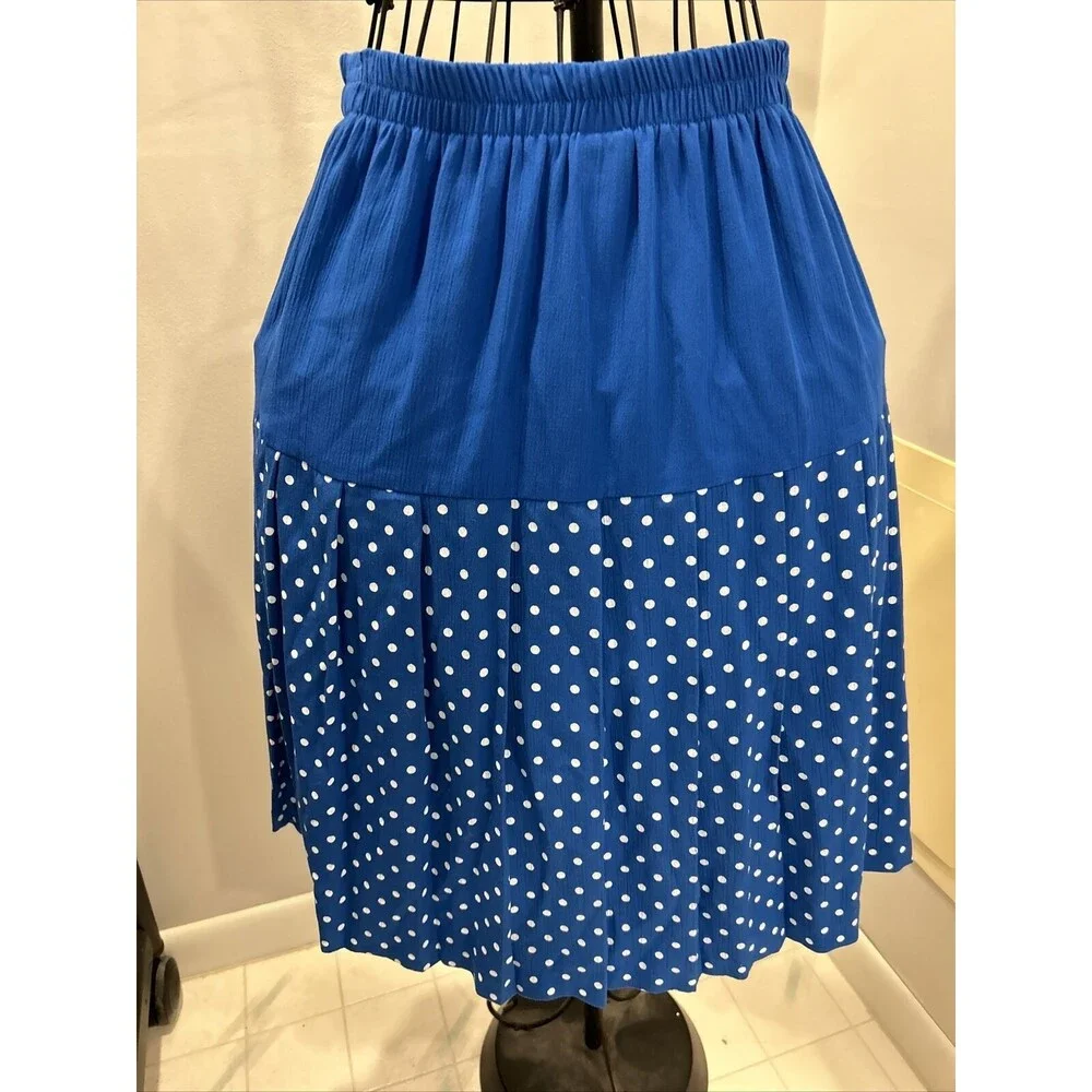vintage 80s elastic waist pleated skirt midi Blue white polka dot Size 8